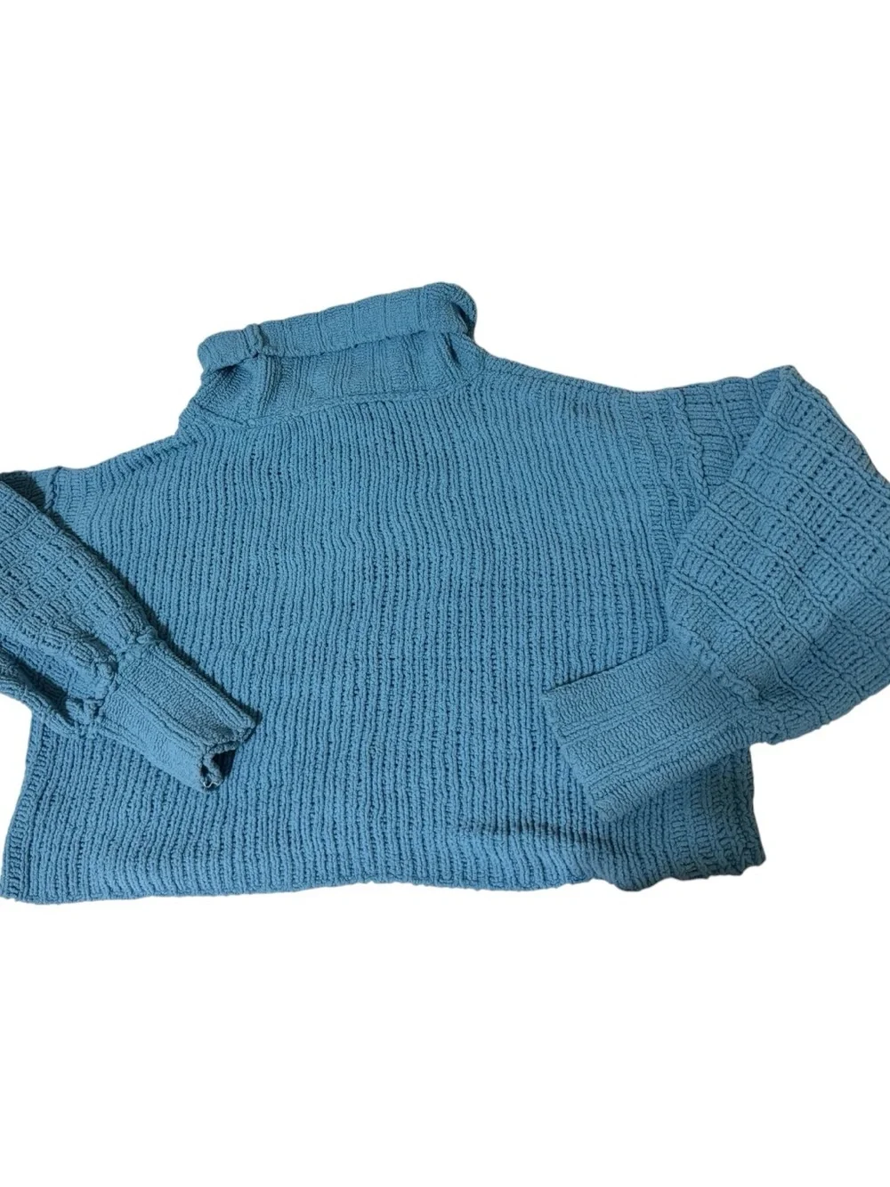 Free People Teal Cropped Turtleneck Chunky Knit Sweater